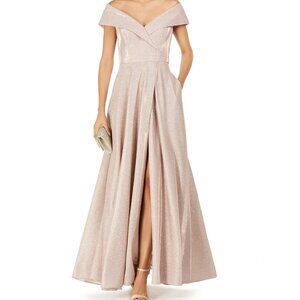 Xscape Strapless Glitter Off-Shoulder Evening Gown in Blush